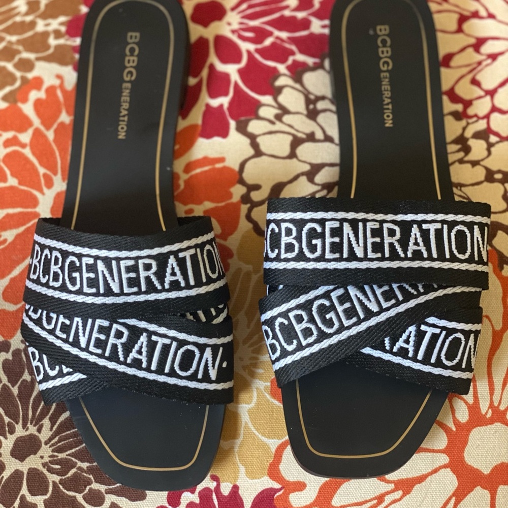 BCBG Black and White Logo Sandals